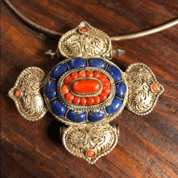 VINTAGE Etched Sterling Silver 925 Orange Blue stones Serpentine Chain Southwest - Picture 1 of 16